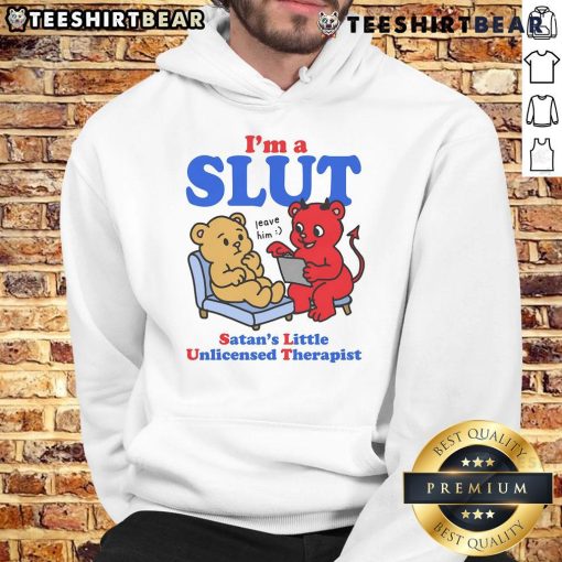 Funny SLUT Satan's Little Unlicensed Therapist Hoodie showcasing humor and unique design for casual wear.