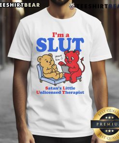 Funny Slut Satan's Little Unlicensed Therapist T-Shirt featuring a playful graphic and bold text in vibrant colors.