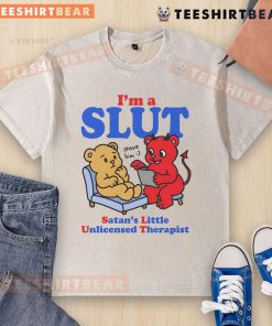 Funny SLUT Satan's Little Unlicensed Therapist washed t-shirt design featuring humorous graphics and playful text.