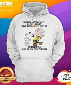 Funny Snoopy and Charlie Brown hoodie featuring 'My Tolerance for Idiots is Low' design, perfect for Peanuts fans.