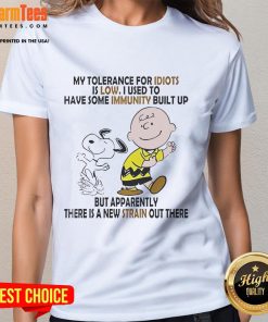 Funny Snoopy and Charlie Brown graphic on a ladies tee, featuring the phrase 'My tolerance for idiots is low'.