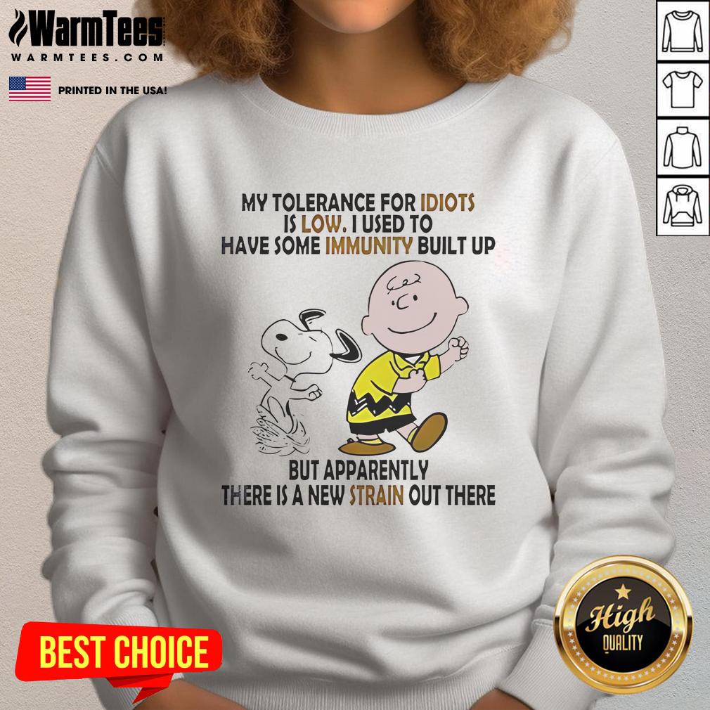 Funny Snoopy And Charlie Brown My Tolerance For Idiots Is Low Sweatshirt Alt Text: Funny Snoopy and Charlie Brown sweatshirt featuring My Tolerance for Idiots is Low graphic design.