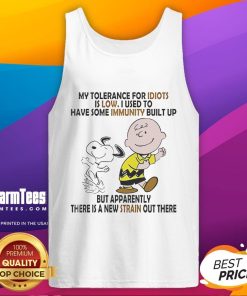 Funny Snoopy and Charlie Brown tank top with 'My Tolerance for Idiots is Low' text, perfect for casual wear and Peanuts fans.