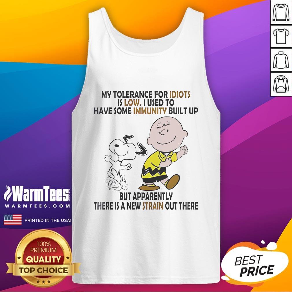 Funny Snoopy And Charlie Brown My Tolerance For Idiots Is Low Tank Top Funny Snoopy and Charlie Brown tank top with 'My Tolerance for Idiots is Low' text, perfect for casual wear and Peanuts fans.