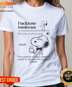 Funny Snoopy graphic on a ladies tee, perfect for gluten-free and lactose-intolerant fans. Trendy and humorous design.