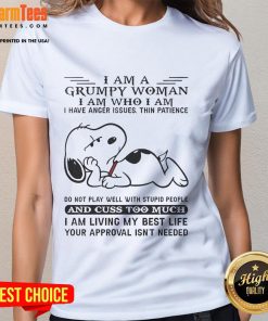 Funny Snoopy graphic tee for women featuring 'I Am A Grumpy Woman' quote, perfect for those with anger issues and thin patience.