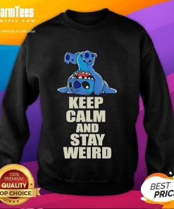 Alt Text: Funny Stitch Keep Calm and Stay Weird Sweatshirt featuring a playful design in vibrant colors for quirky fashion lovers.