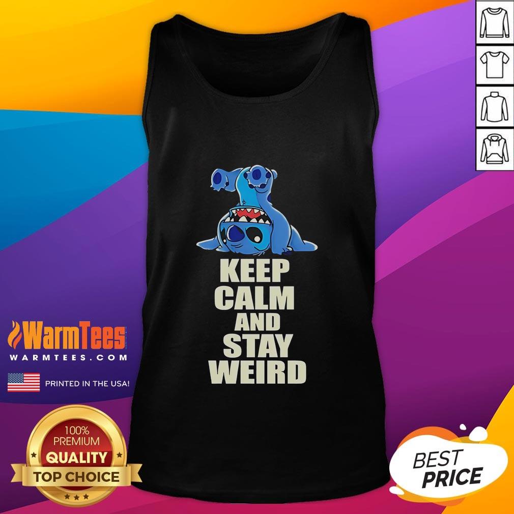 Funny Stitch Keep Calm And Stay Weird Tank Top Alt Text: Funny Stitch Keep Calm and Stay Weird tank top featuring a playful design perfect for quirky fashion lovers.
