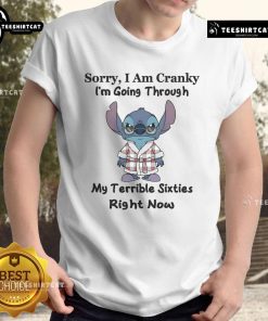 Alt Text: Funny Stitch Sorry I Am Cranky T-Shirt design featuring a playful character and humor about going through sixties.