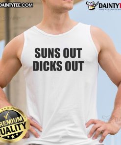 Alt Text: Funny Suns Out Dicks Out tank top featuring bold, humorous text design perfect for summer beach outings.