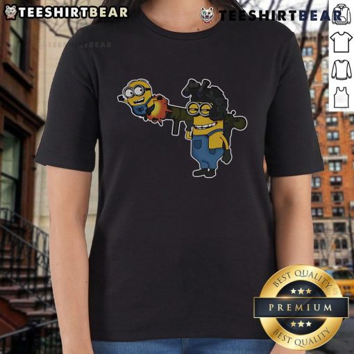 Funny Tactical Minions RPG Rocket Fly Ladies Tee featuring colorful minion characters in a playful design.