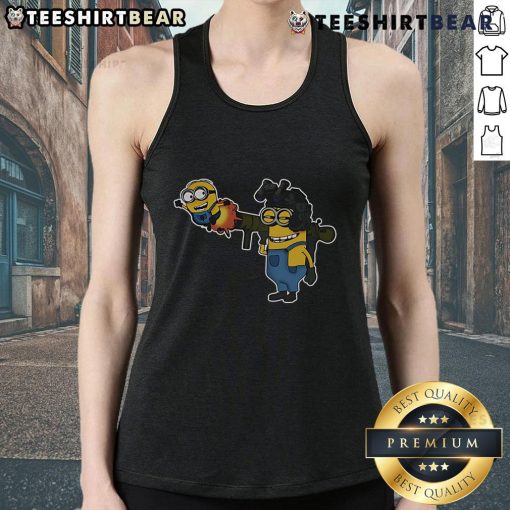 Funny Tactical Minions RPG Rocket Fly Tank Top featuring vibrant graphics of minions in a whimsical adventure scene.