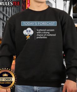 Alt Text: Cozy sweatshirt featuring the phrase Today's Forecast: Scattered Sarcasm with a Strong Chance of Muttered Profanities.