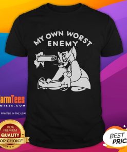 Funny Tom Cat 'My Own Worst Enemy' T-Shirt featuring a playful cartoon design of Tom, perfect for cat lovers and humor fans.