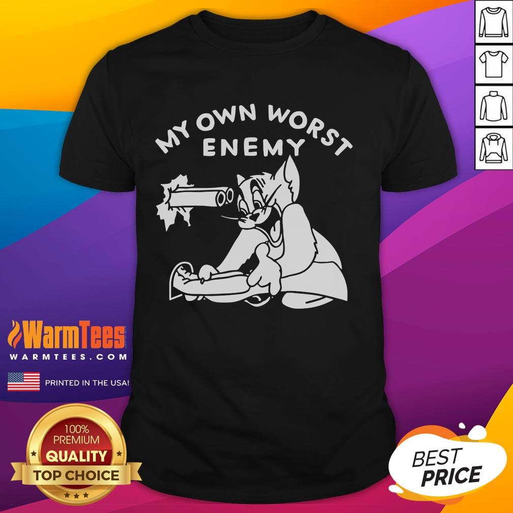 Funny Tom Cat My Own Worst Enemy T Shirt Funny Tom Cat 'My Own Worst Enemy' T-Shirt featuring a playful cartoon design of Tom, perfect for cat lovers and humor fans.
