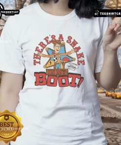 Funny Toy Story Woody 'There's a Snake in My Boot' Ladies Tee featuring a playful graphic of Woody from Toy Story.
