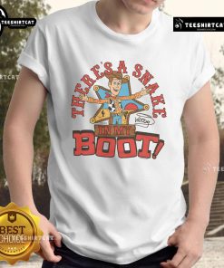Funny Toy Story Woody 'There's A Snake In My Boot' T-Shirt featuring iconic character design and playful text.