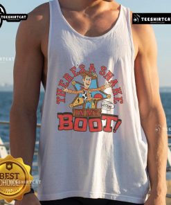 Funny Toy Story Woody tank top featuring the iconic 'There's a snake in my boot!' quote. Perfect for fans and collectors.