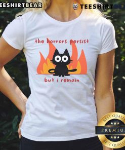 Funny Trauma Cat graphic on a ladies tee, featuring a humorous take on horror themes and resilience. Perfect for cat lovers.