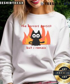 Funny Trauma Cat sweatshirt featuring a humorous design that showcases resilience despite horror themes.