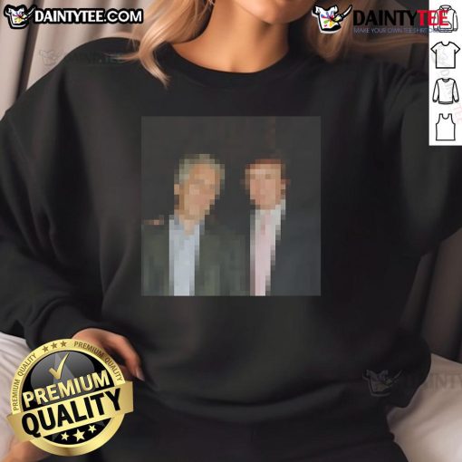 Alt Text: Humorous sweatshirt featuring a blurred image of Trump and Epstein, perfect for fans of political satire and comedy.