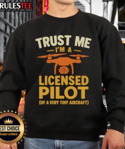 Alt Text: Funny 'Trust Me, I'm a Licensed Pilot' sweatshirt featuring a tiny aircraft design, perfect for aviation enthusiasts.