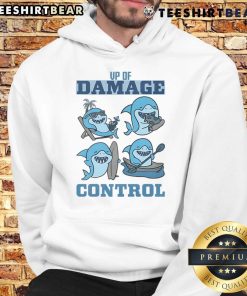 Funny VP of Damage Control wearing a shark hoodie, showcasing a playful and humorous style in a casual setting.
