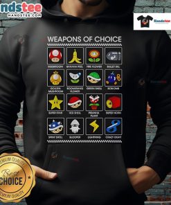 Alt Text: Funny Weapons of Choice Mario Hoodie featuring vibrant graphics and playful design, perfect for gamers and Mario fans.