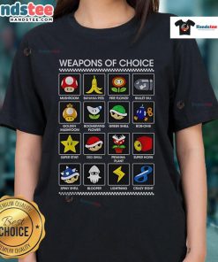 Funny Weapons of Choice Mario Ladies Tee featuring playful characters and vibrant colors for a fun gaming style.