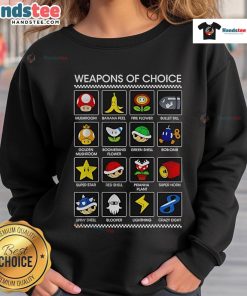 Funny Weapons of Choice Mario sweatshirt featuring vibrant graphics of iconic Mario characters and playful designs.