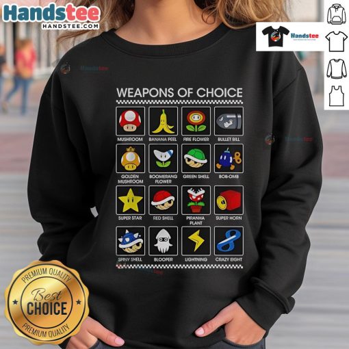 Funny Weapons of Choice Mario sweatshirt featuring vibrant graphics of iconic Mario characters and playful designs.