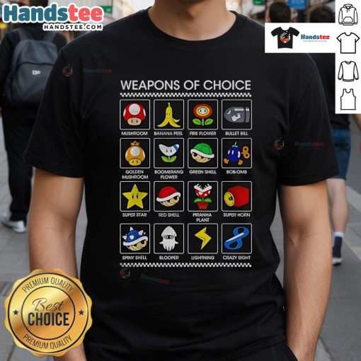 Funny Weapons of Choice Mario T-Shirt featuring iconic characters and humorous graphics for gaming enthusiasts.