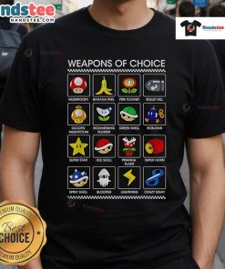 Funny Weapons of Choice Mario T-Shirt featuring iconic characters and humorous graphics for gaming enthusiasts.
