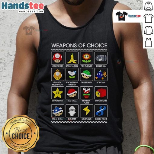 Funny Mario tank top featuring quirky weapons of choice design, perfect for gamers and fans of the iconic franchise.