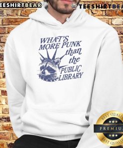 Vintage raccoon hoodie featuring the phrase 'What's More Punk Than The Public Library?' for a quirky style.