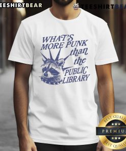 Alt Text: Vintage raccoon t-shirt with the phrase What's More Punk Than The Public Library in a fun, playful design.