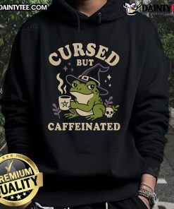 Alt Text: Cozy 'Funny Witch Frog Cursed But Caffeinated Hoodie' featuring a whimsical frog design with a witch hat and coffee cup.