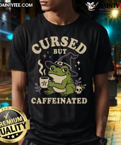 Funny Witch Frog Cursed but Caffeinated T-Shirt featuring a whimsical frog in a witch hat with coffee cup design.