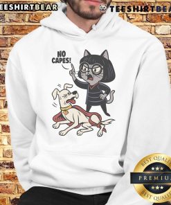 Funny Cat No Capes Super Hero Dog Hoodie on a playful dog, showcasing pet fashion with a humorous twist.