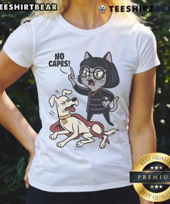 Funyn Cat No Capes Super Hero Dog Ladies Tee featuring a playful graphic of a superhero cat and dog duo.
