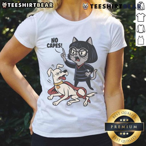 Funyn Cat No Capes Super Hero Dog Ladies Tee featuring a playful graphic of a superhero cat and dog duo.
