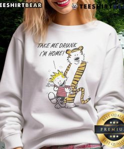 90s Calvin and Hobbes sweatshirt with 'Take Me Drunk I'm Home' slogan, perfect for nostalgic fans of the comic.