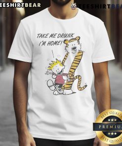 90's Calvin and Hobbes 'Take Me Drunk I'm Home' T-shirt featuring iconic cartoon characters in a playful design.