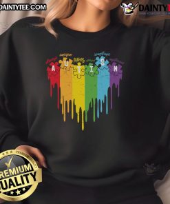 Colorful rainbow drip puzzle sweatshirt featuring the autism acronym: Always Unique, Totally Intelligent, Sometimes Mysterious.