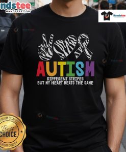 Good Autism Different Stripes But My Heart Beats The Same T-Shirt showcasing a colorful design celebrating autism awareness.