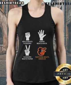 Stylish Baltimore Orioles tank top featuring a fun 'Rock, Paper, Scissors' graphic design for fans.