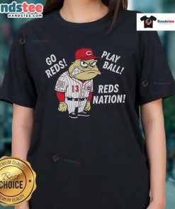 Alt Text: Good Cincinnati Reds Frog Go Reds Play Ball Ladies Tee featuring a fun frog design for baseball fans.