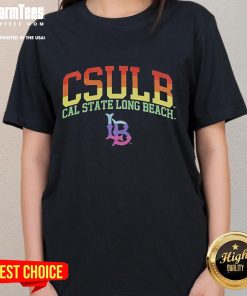 Alt Text: Good CSULB Cal State Long Beach Pride Month ladies tee featuring vibrant rainbow colors and a stylish design.