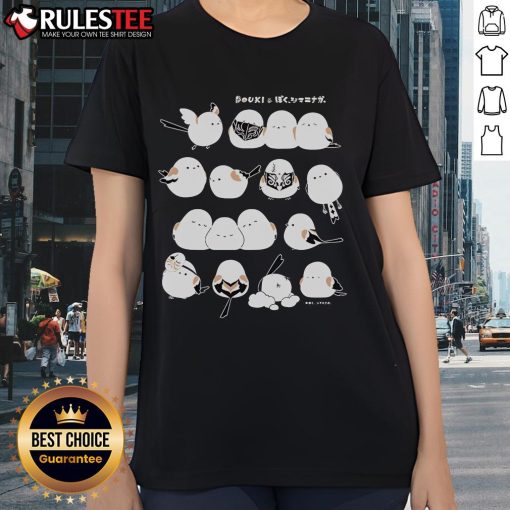 Alt Text: Good Douki I'm A Long-Tailed Tit Ladies Tee featuring a colorful bird design on a stylish women's shirt.