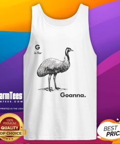 Model wearing a stylish 'Good G Is For Goanna' tank top, showcasing vibrant colors and unique design for casual wear.